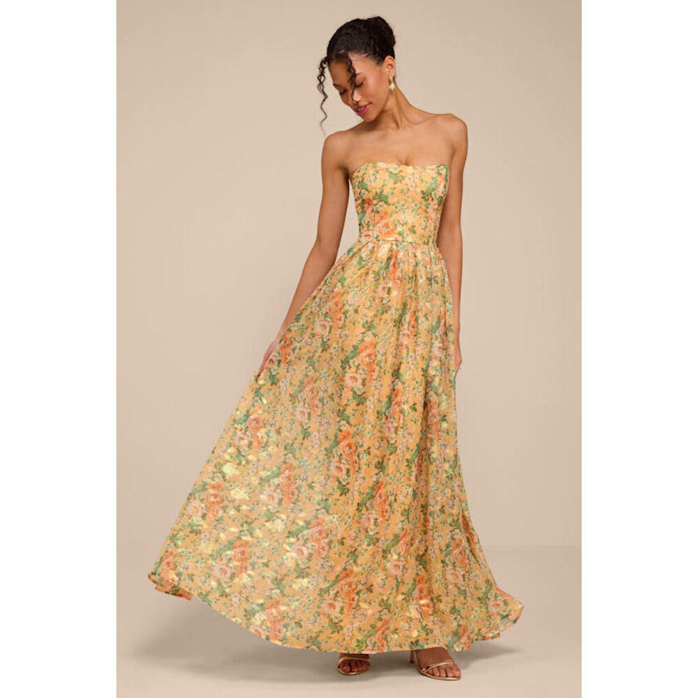 Lulus Claudia Light Orange Multi Floral Strapless Maxi Dress - Size M